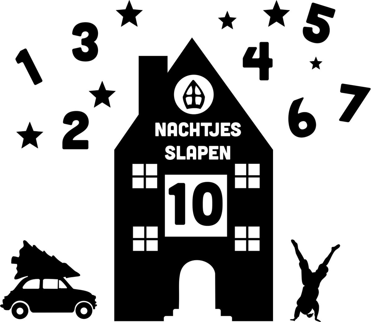 Aftelkalender Sint statische sticker - herbruikbare aftelkalender - aftelkalender kerst - aftelkalender jaarwisseling - statisch huisje - zwart