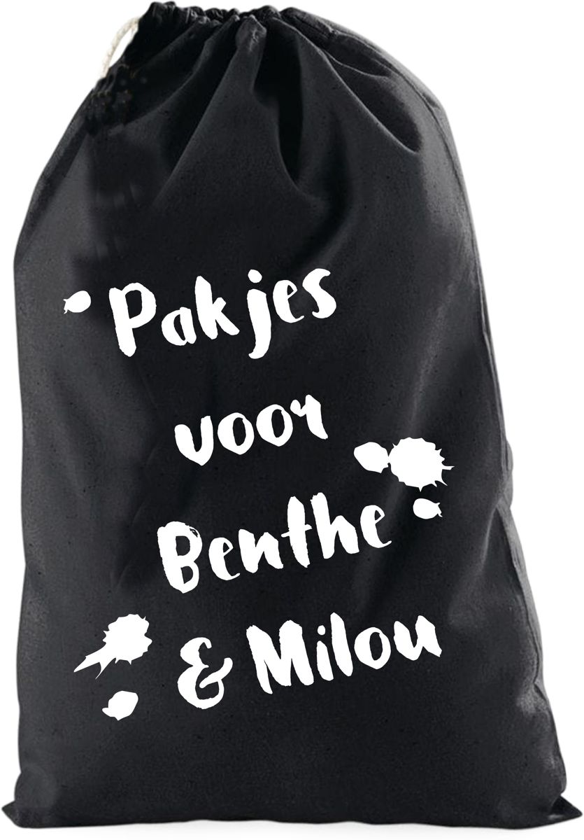 Sinterklaaszak met naam katoen (verfspetters) zw