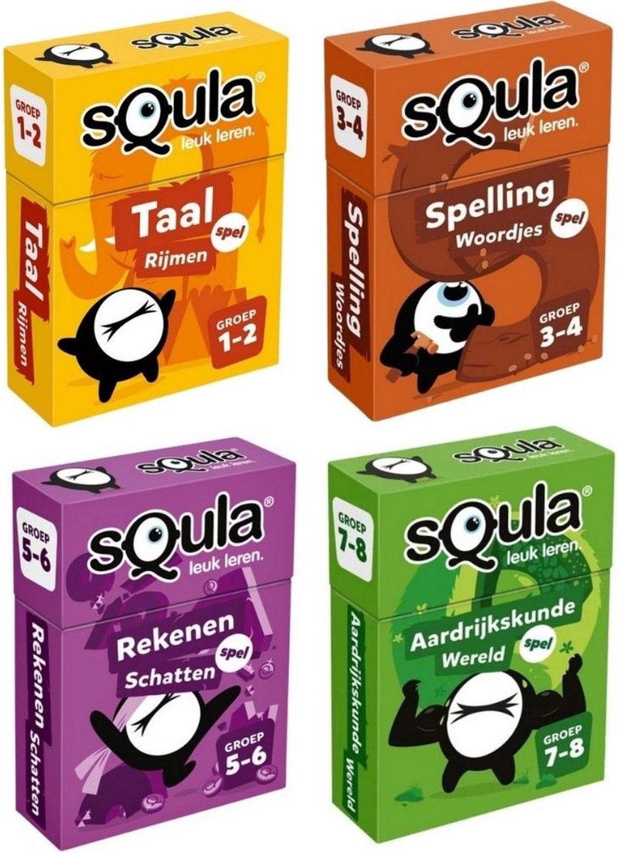 Spellenbundel - Squla - 4 stuks - Groep 1 t/m 8 - Taal, Spelling, Rekenen & Aardijkskunde