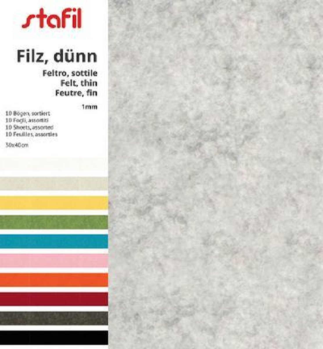 Vilt 1 mm, set van 10 kleuren. 30 cm x 40 cm