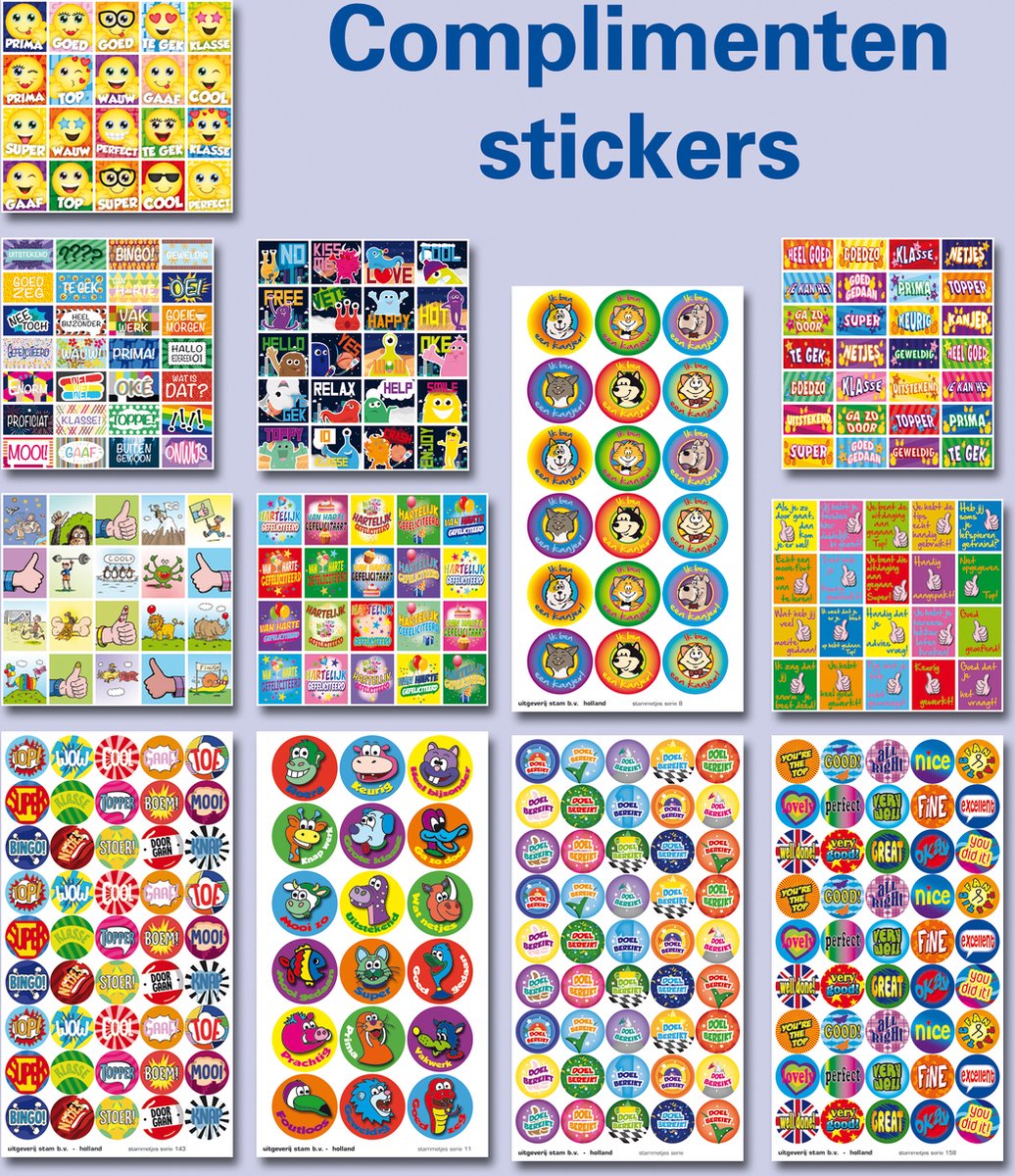 Stammetjes Beloningsstickers - Complimenten - 12 stickervellen met 327 stickers - Geef kinderen het zelfvertrouwen en motivatie die ze nodig hebben
