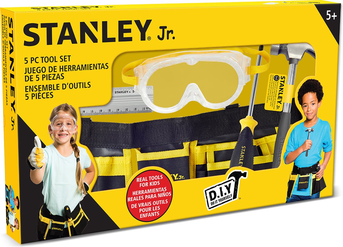 Stanley Gereedschap Set voor Kinderen - 5-Delig - Hamer - Schroevendraaier - Veiligheidsbril - Liniaal - Gereedschapsriem