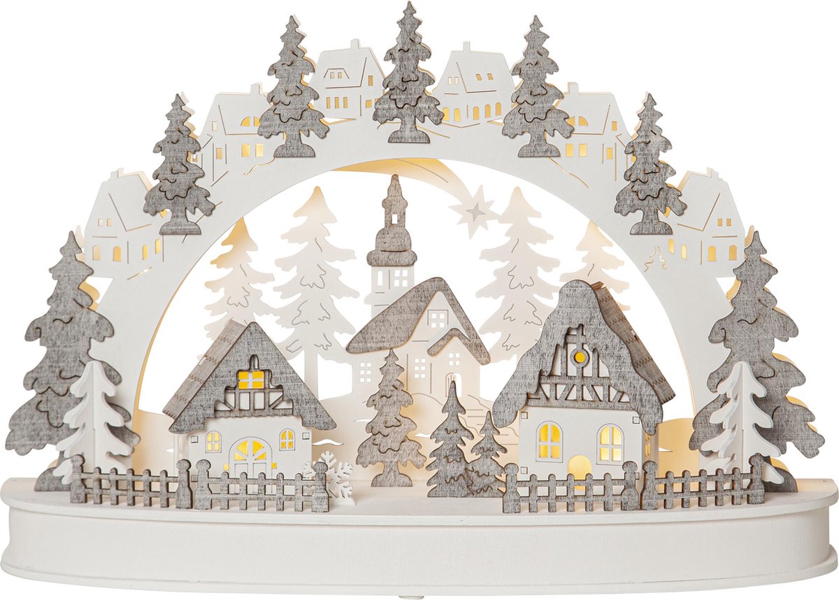 Star Trading LED kaarsenboog Grauberg, 3D, hout, werkt op batterijen, wit/grijs