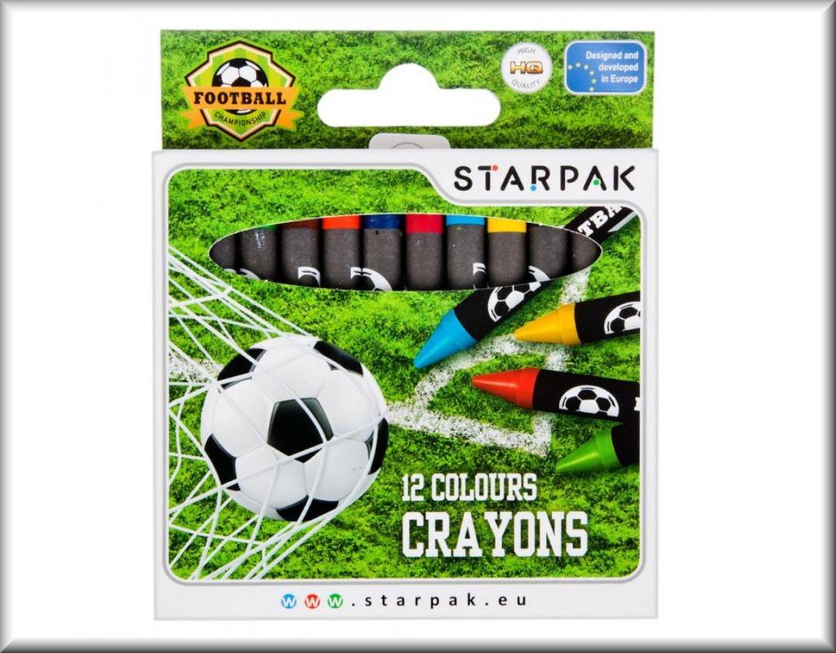 Een set van 12 waskrijtjes. goed dekkend, in aantrekkelijke kleuren. versierd met een motief voetbal