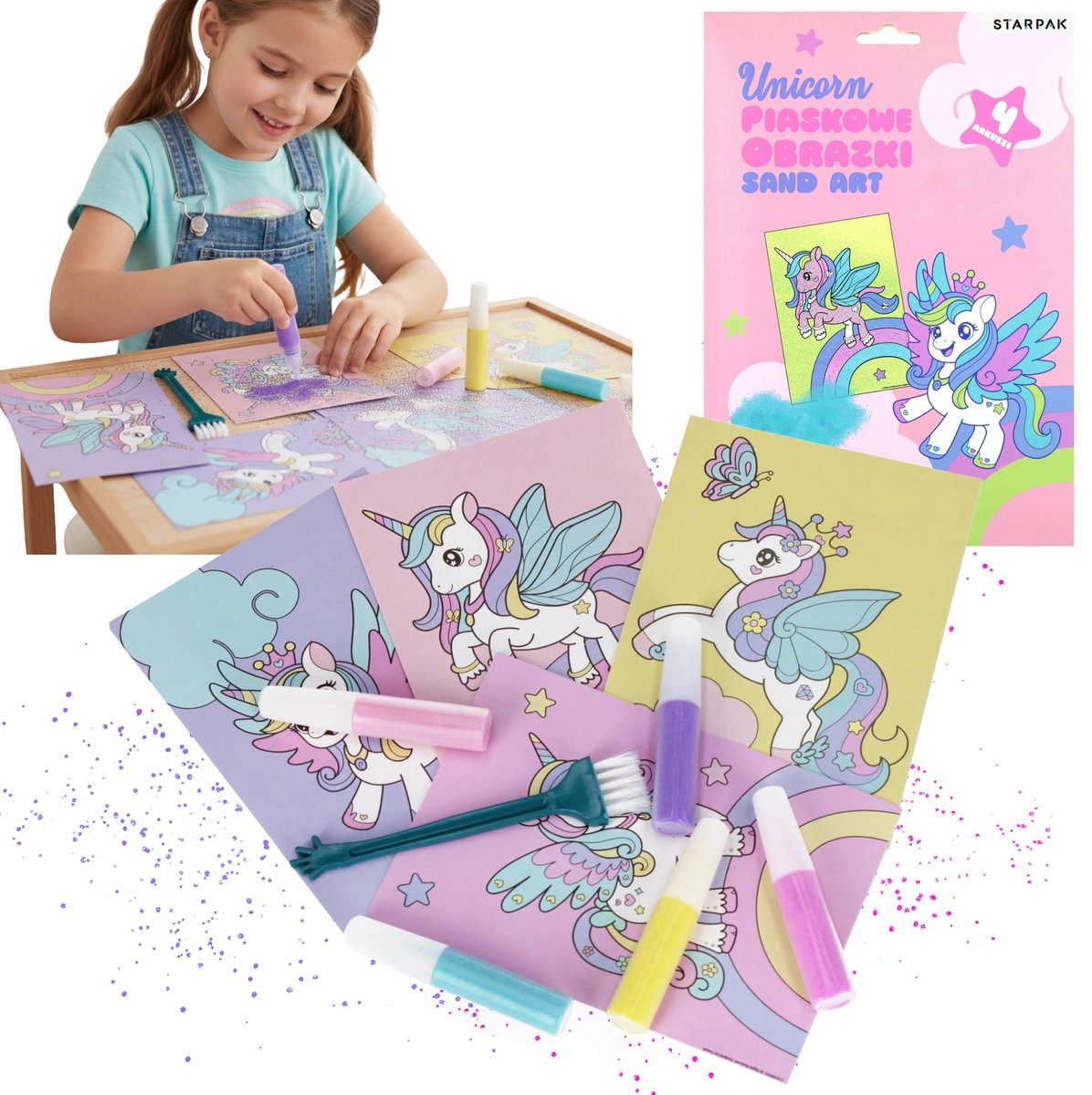 Eenhoorn Zandtekeningen, creatieve speelset voor meisjes, 4 BLADEN MET TEKENINGEN