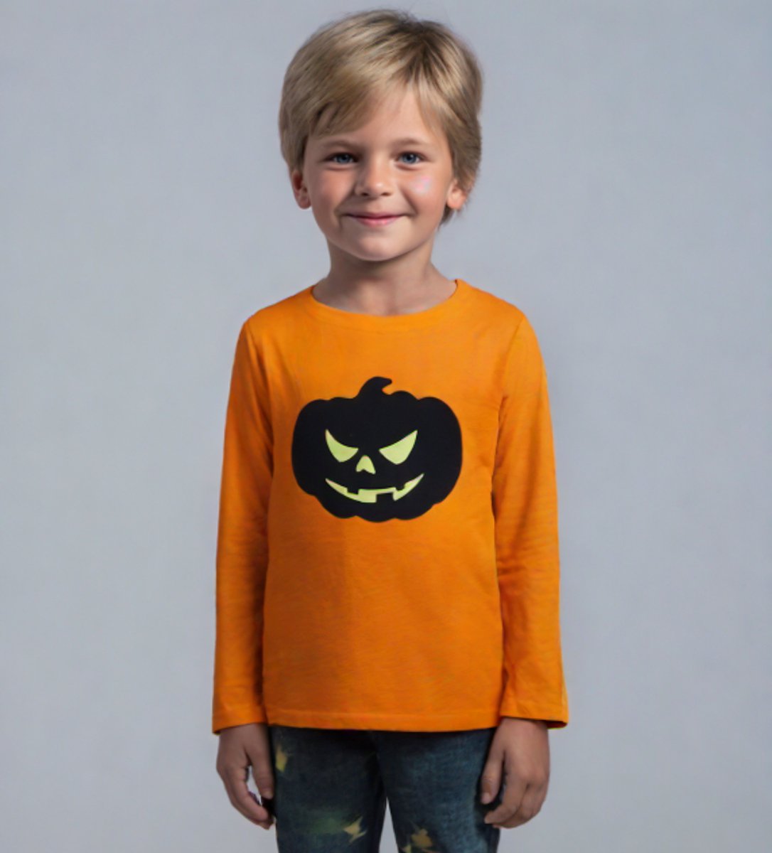 Starry Indigo - Halloween T-shirt Kinderen - Pompoen gezicht - Oranje