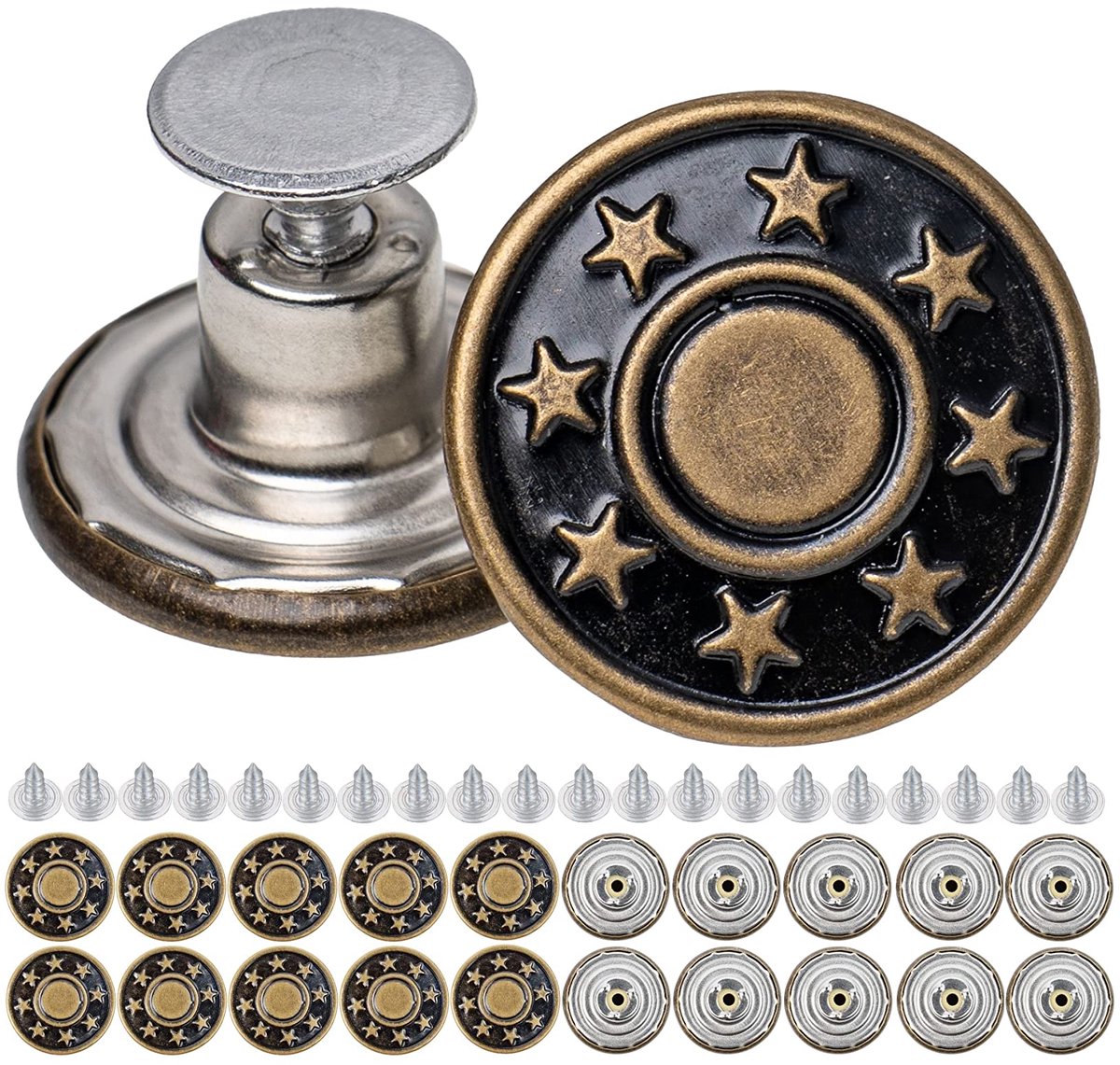 Vervangende knopen voor jeansbroeken, set van 20, diameter van 17 mm, voor het vervangen van jeansknopen van 15-17 mm, bronskleurig, jeansknopen om in te slaan, metalen jeansknopen, Stars-Stars ontwerp