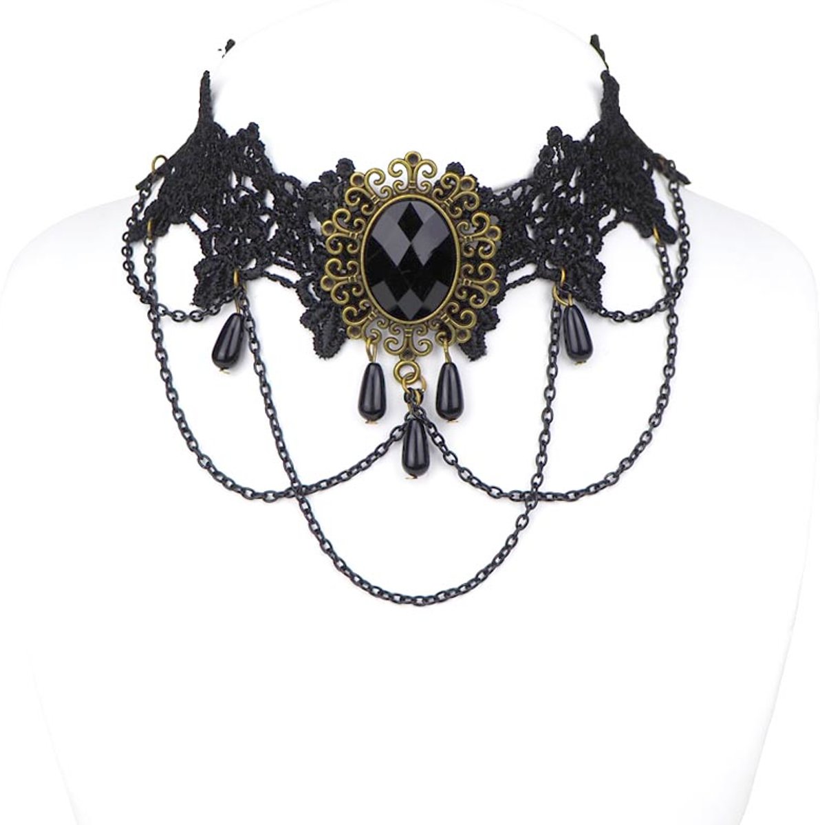 Steampunk kant ketting choker met zwarte pareltjes