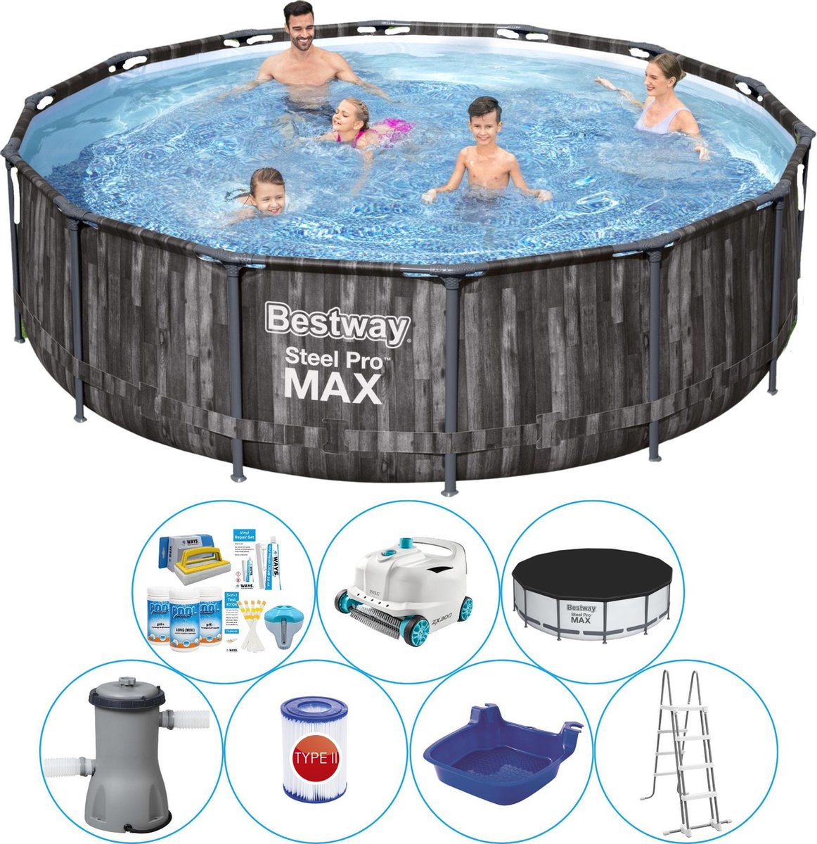 Steel Pro MAX Wood 427x107 cm - Zwembad Combinatie Pakket