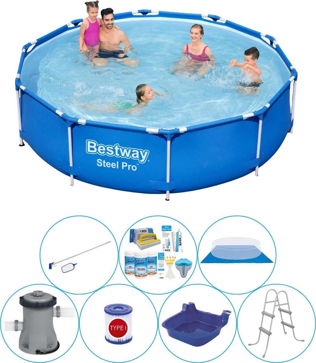 Steel Pro Rond 305x76 cm - 8-delig - Zwembad Inclusief Accessoires