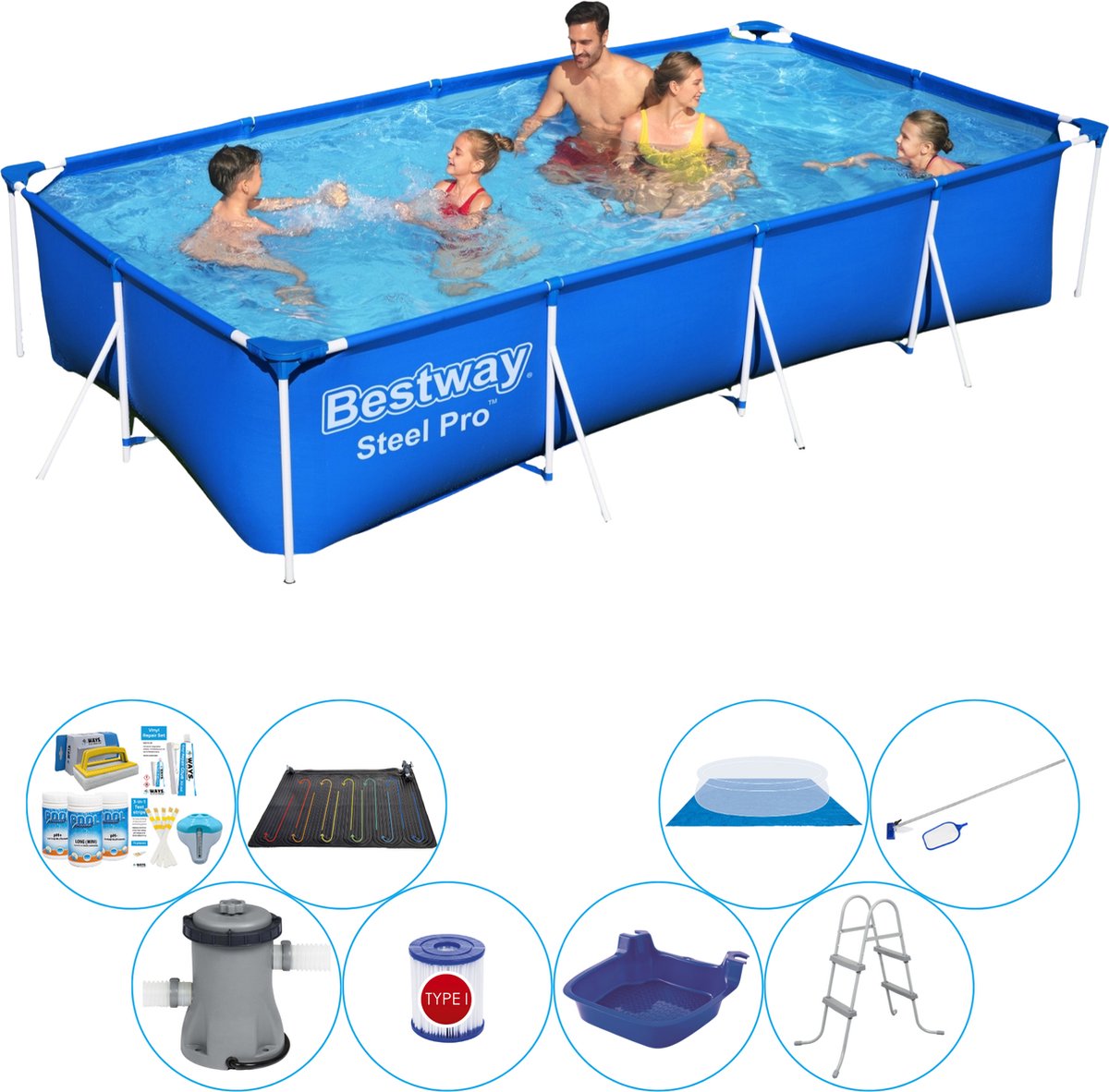 Zwembad Deal - 9-delig - Steel Pro Rechthoekig 400x211x81 cm