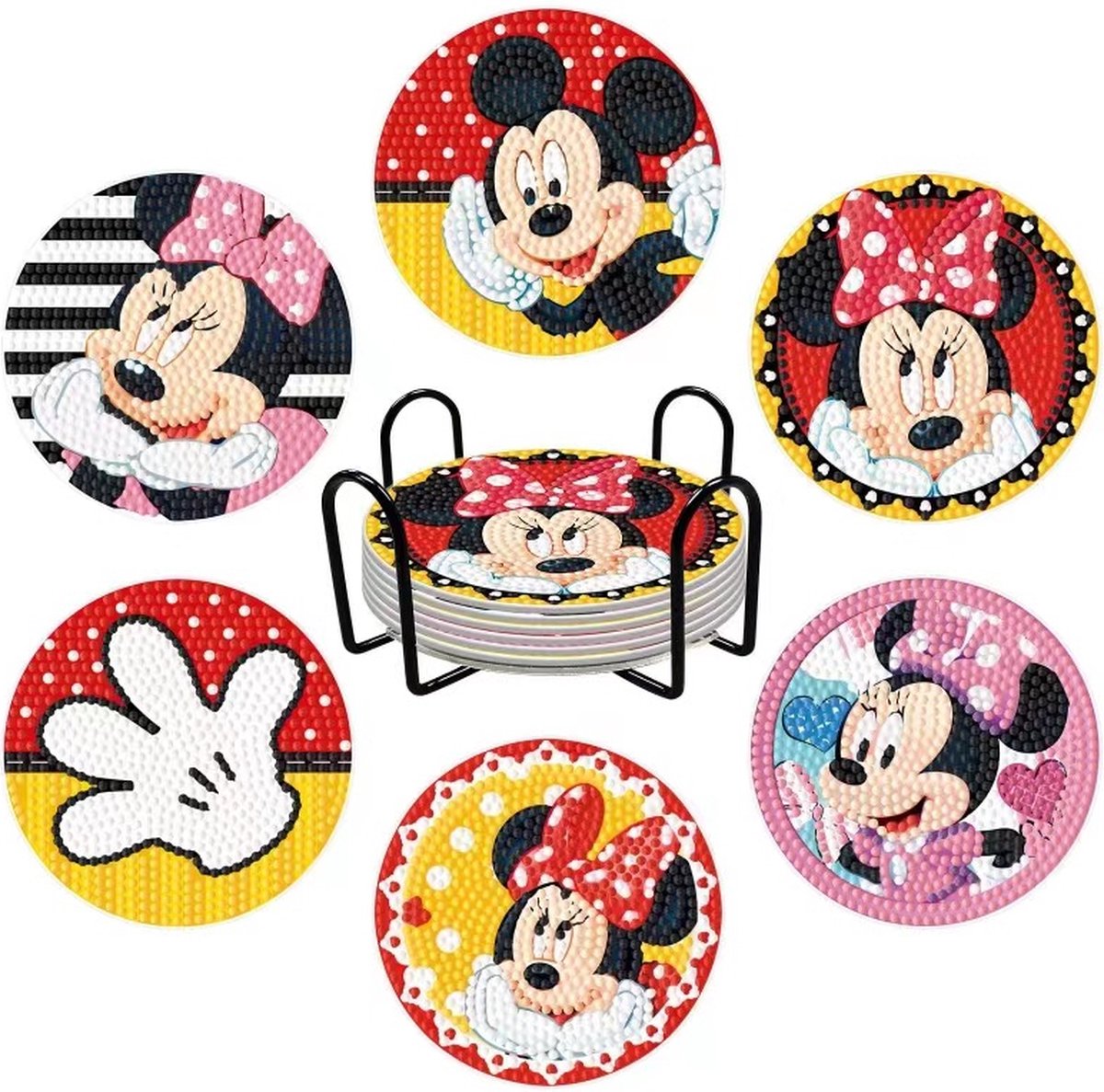 Steen voor Steen DP-Diamond Painting onderzetters Mickey & Minnie Mouse 6 stuks inclusief houder