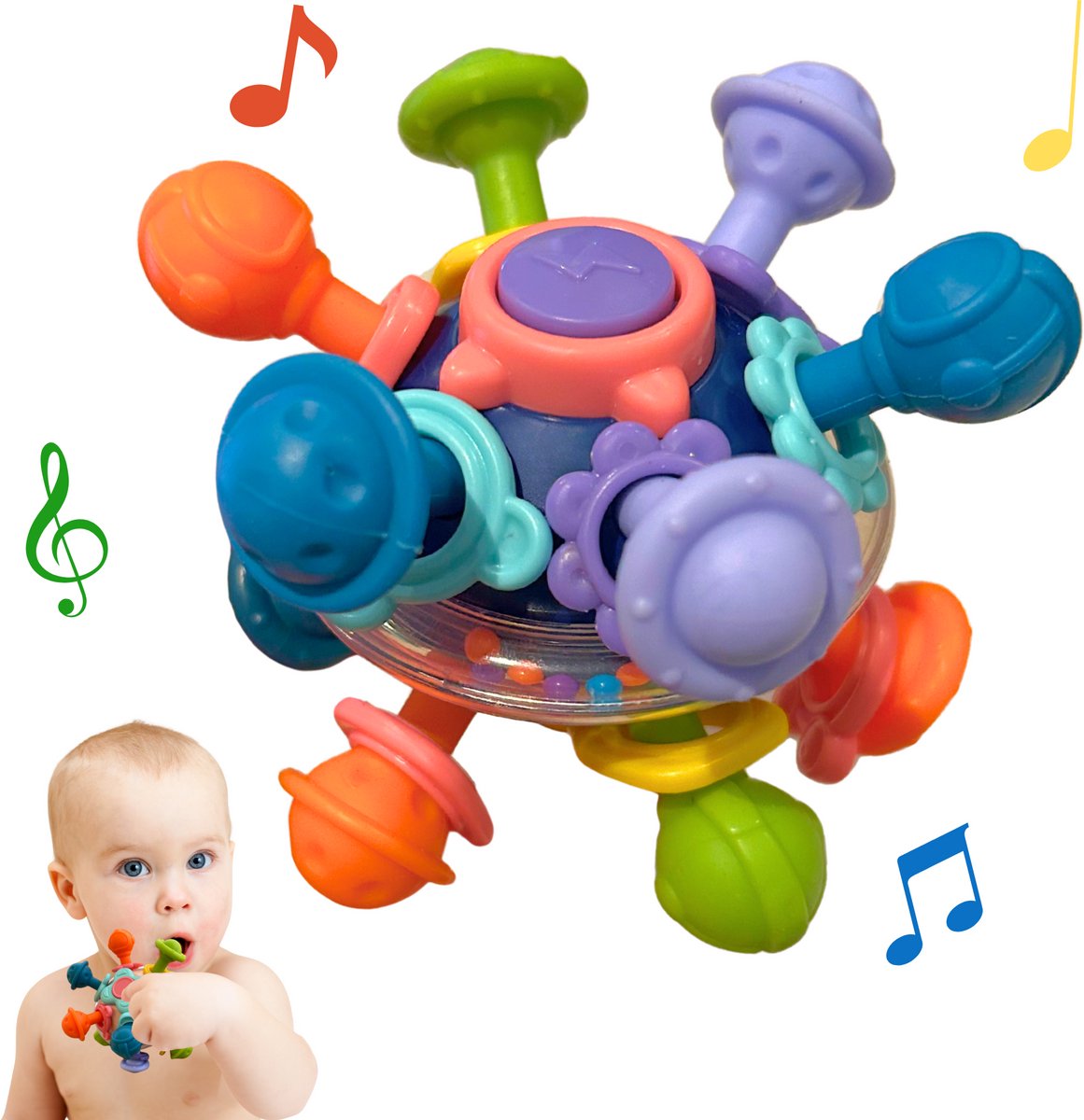 Stena 3 in 1 Rammelaar + Bijtring + Grijpbal - Blauw - Baby Speelgoed 0 Jaar - Cadeau - Sensorisch Speelgoed - Jongen - Meisje