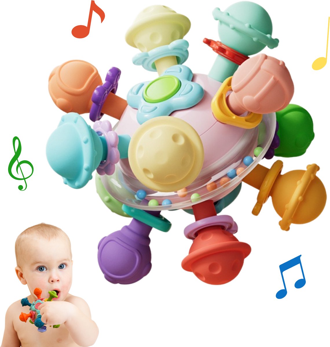 Stena 3 in 1 Rammelaar + Bijtring + Grijpbal - Roze - Baby Speelgoed 0 Jaar - Cadeau - Sensorisch Speelgoed - Jongen - Meisje