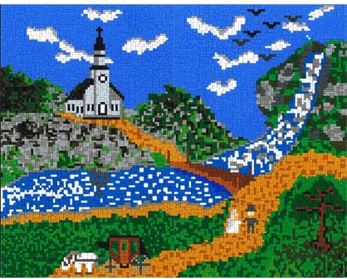 Stickit kerk aan de rivier, ca. 9.000 steentjes