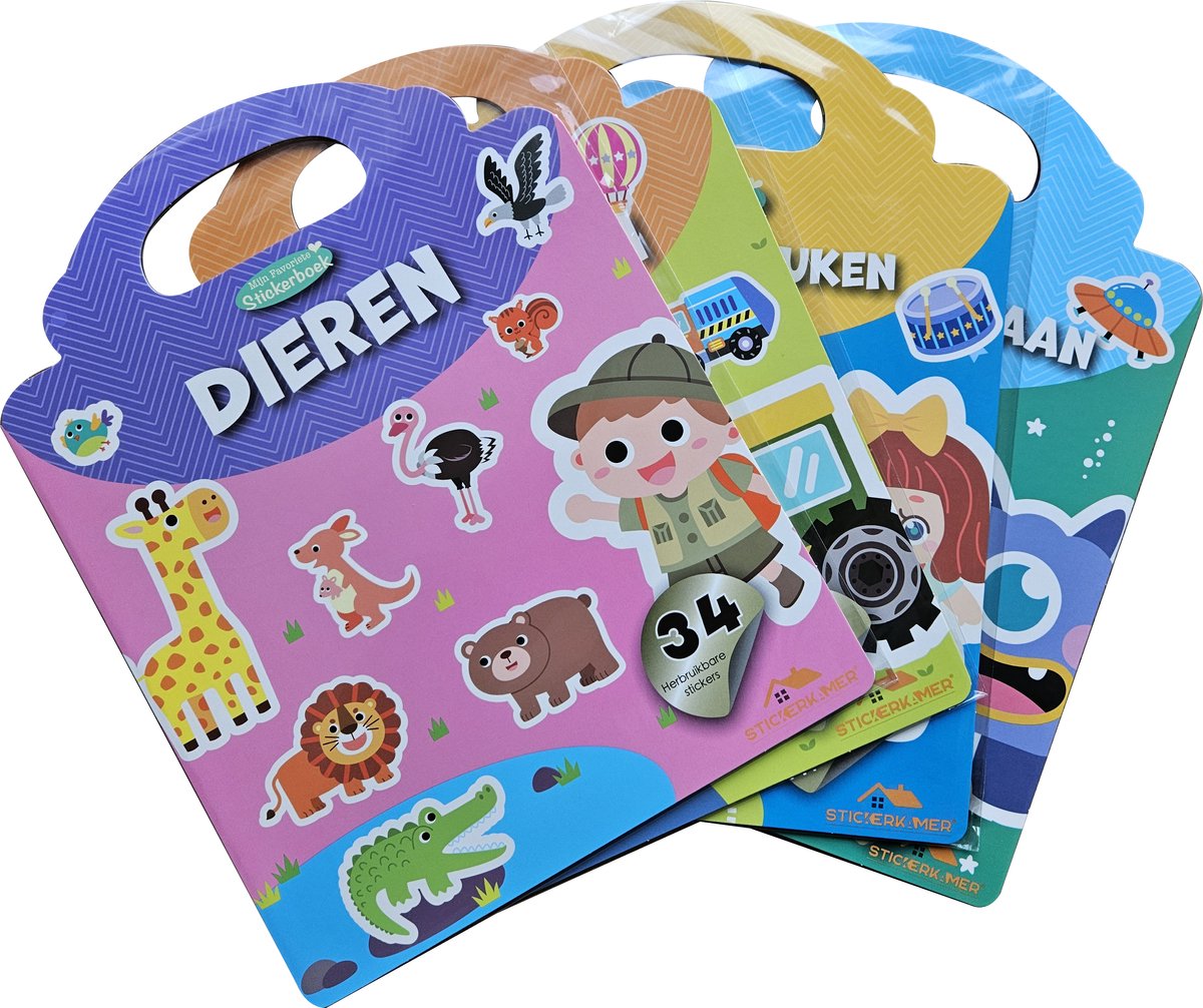 Stickerkamer® Herbruikbare Stickerboeken Nederlands - Bundel 4 boeken - Voertuigen - Dieren - Ruimte & Oceaan - Kamer en Keuken - Educatief - Kado