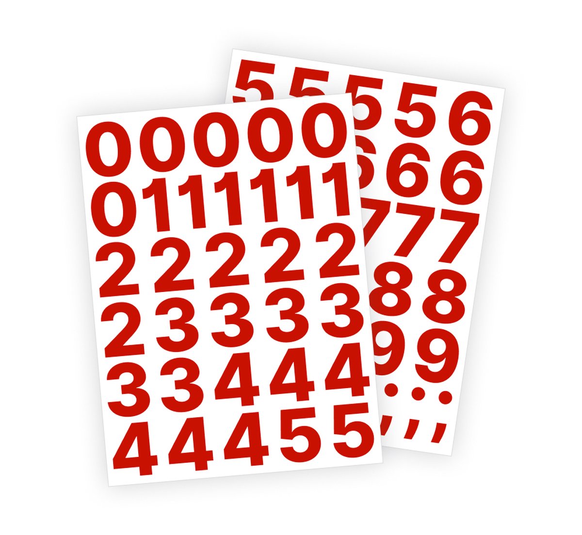 Cijfer stickers / Plaknummers - Stickervellen Set - Rood - 4cm hoog - Geschikt voor binnen en buiten - Standaard lettertype - Glans