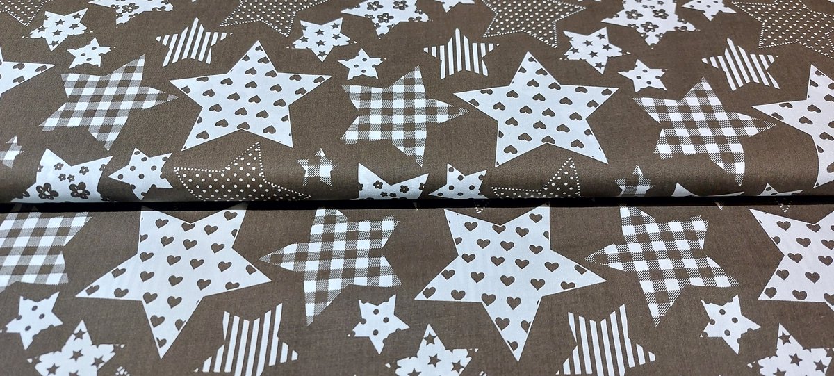 Poplin Katoen Bedrukt Sterren - Bruin / Wit - 1 Meter