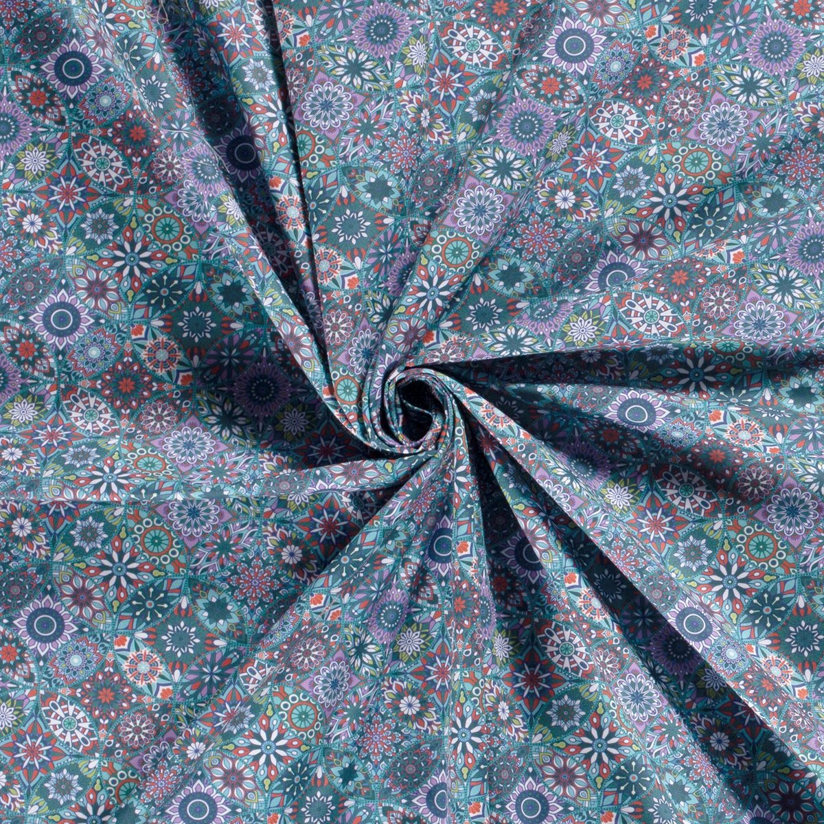 Poplin Katoen Stof Bedrukt - Mille Fleur Abstract Petrol - 1 Meter