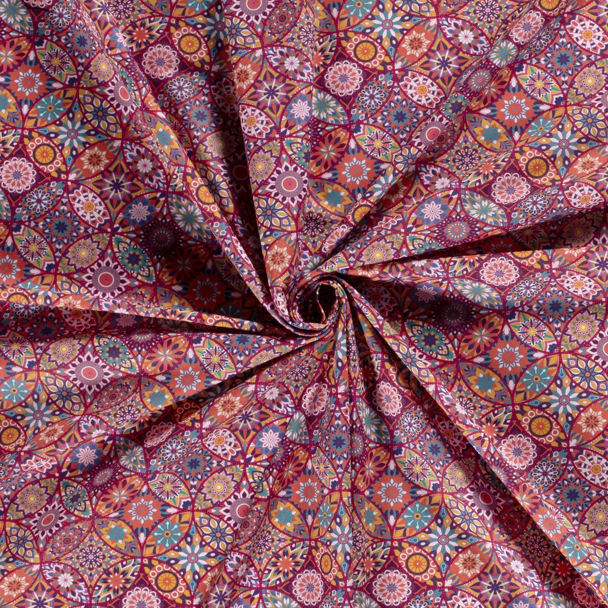 Poplin Katoen Stof Bedrukt - Mille Fleur Abstract Wijnrood - 1 Meter
