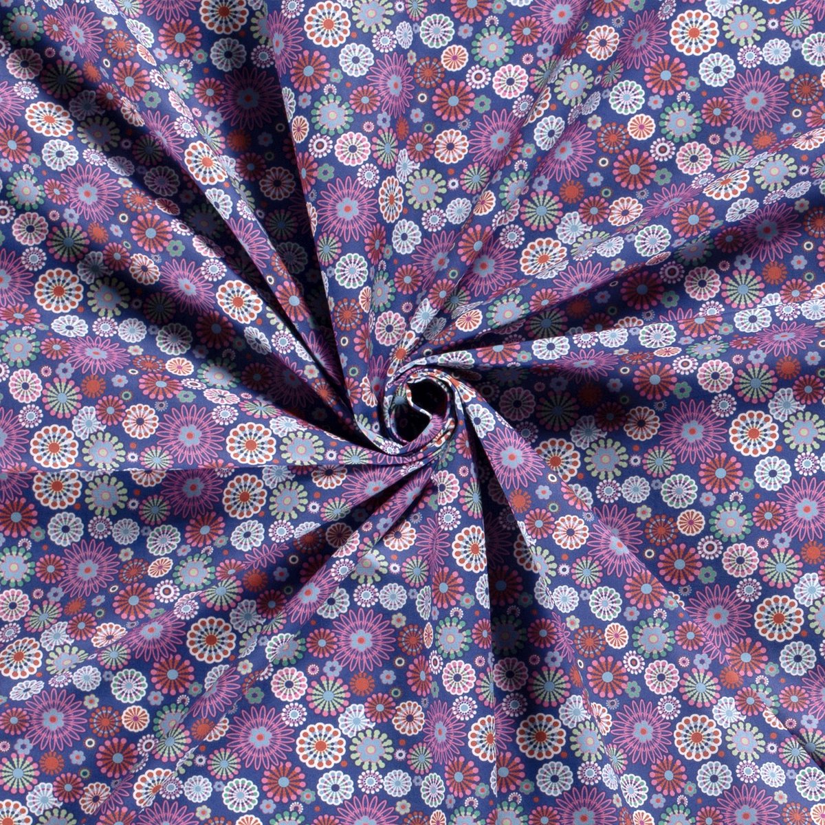 Poplin Katoen Stof Bedrukt - Mille Fleur Bloemen Kobalt Blauw - 1 Meter