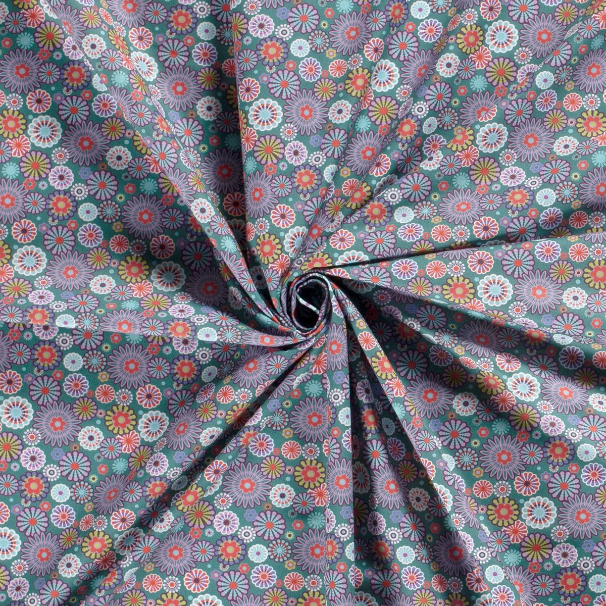 Poplin Katoen Stof Bedrukt - Mille Fleur Bloemen Petrol - 1 Meter