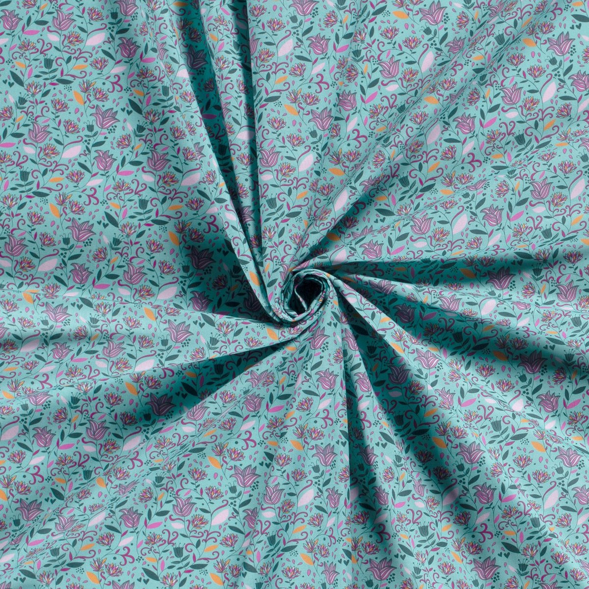 Poplin Katoen Stof Bedrukt - Mille Fleur Bloemen Petrol - 1 Meter