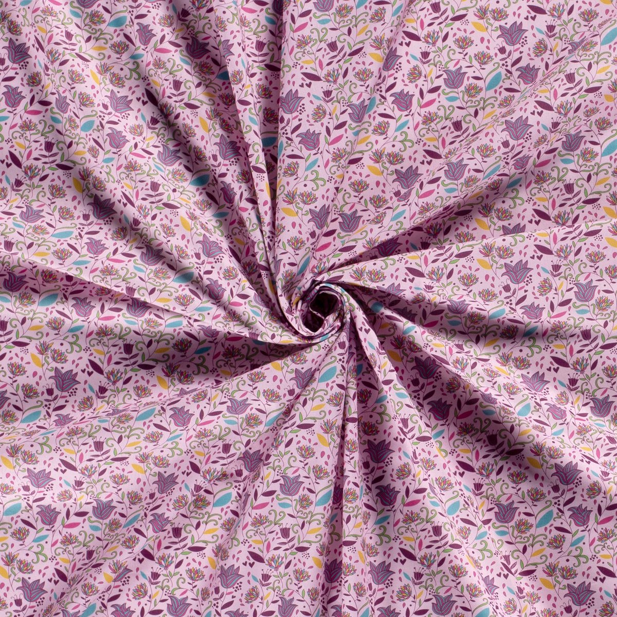 Poplin Katoen Stof Bedrukt - Mille Fleur Bloemen Roze - 1 Meter