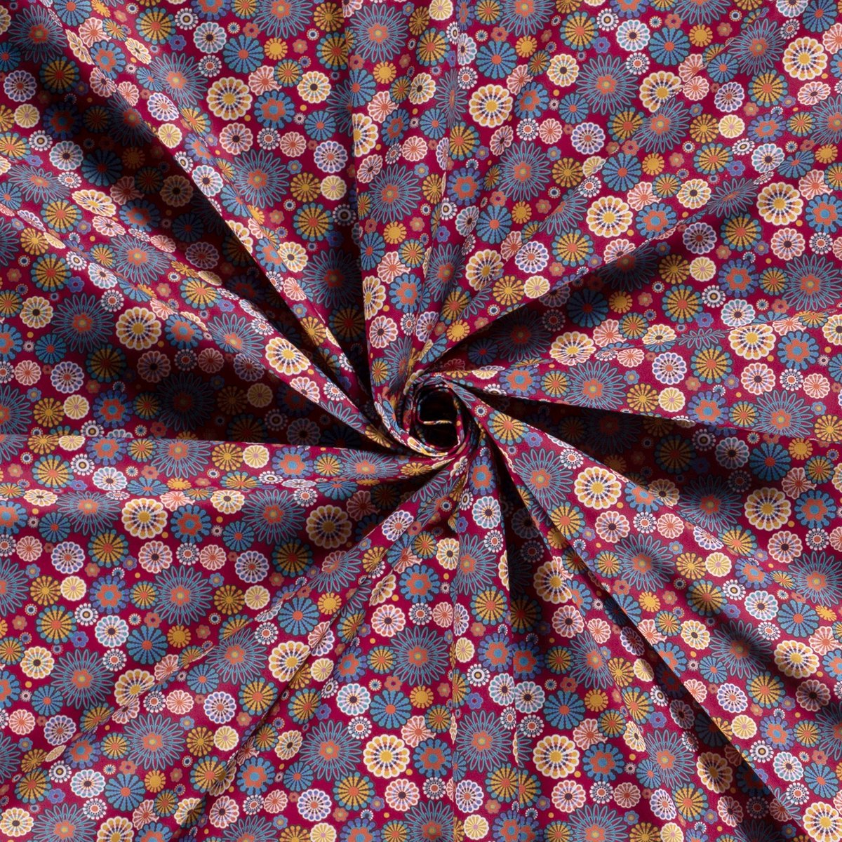Poplin Katoen Stof Bedrukt - Mille Fleur Bloemen Wijnrood - 1 Meter