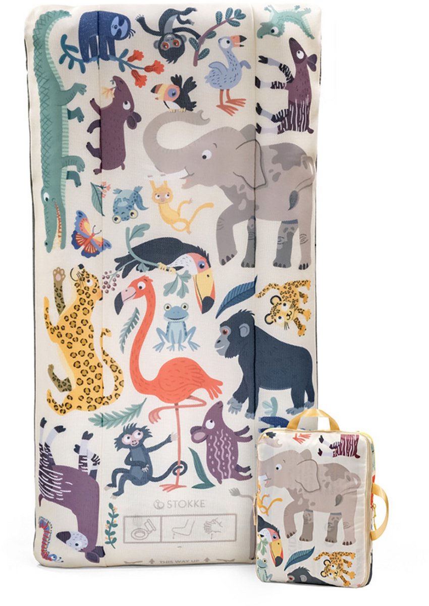 Stokke JetKids CloudSleeper, Animal Family - Opblaasbaar kinderreisbed - Metgeïntegreerde pomp, hoeslaken en inpakbox - Voor kinderen vanaf 2 jaar