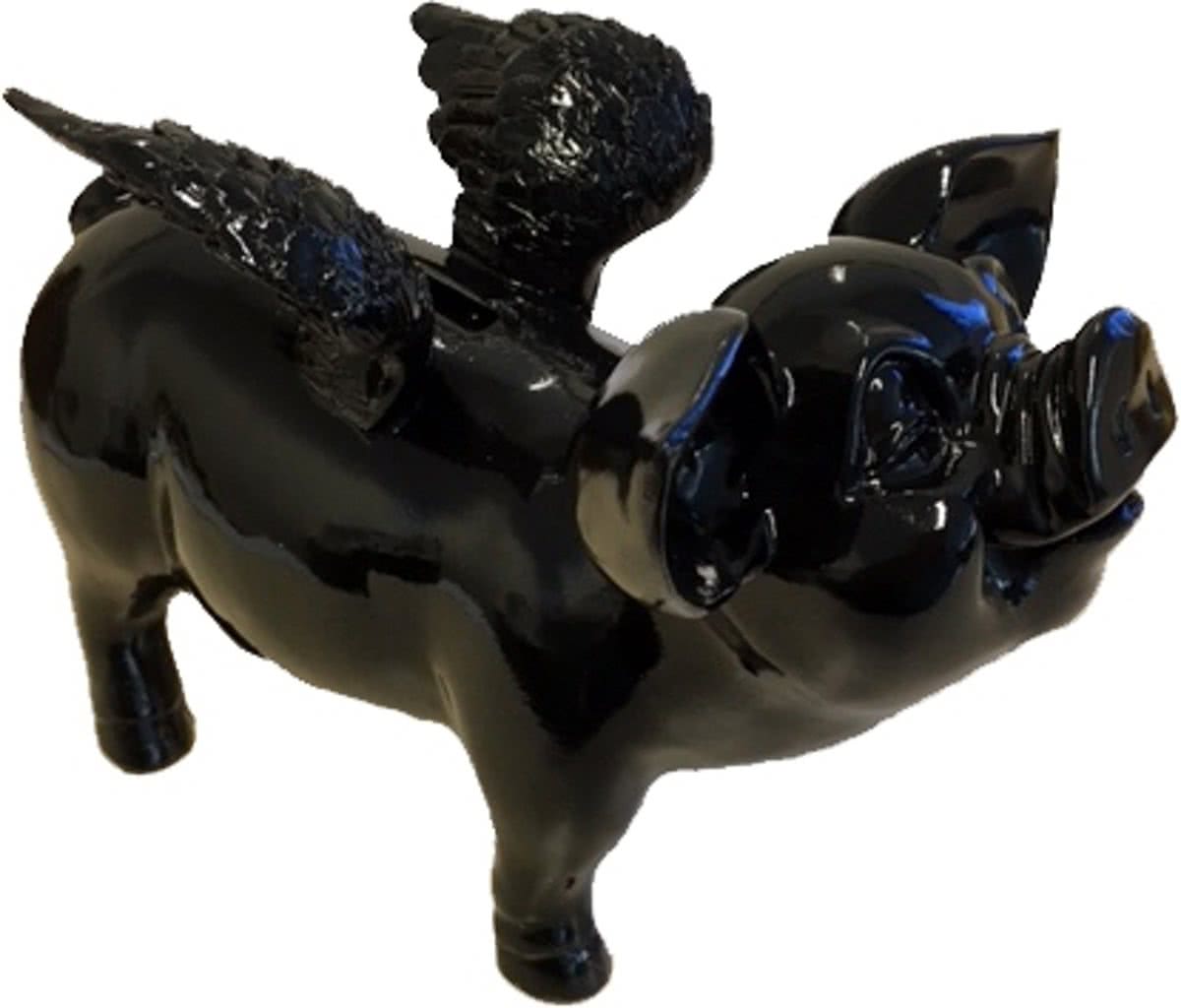 Zwart spaarvarken met vleugels 25 cm