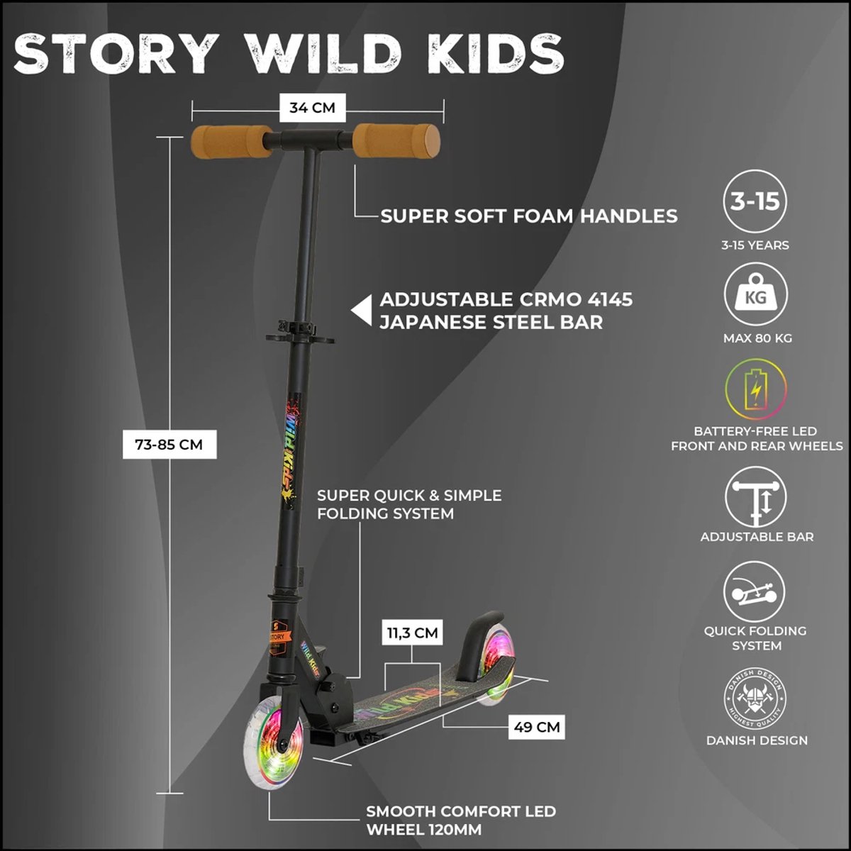 Story Wild Kids Opvouwbare Autoped Black - LED