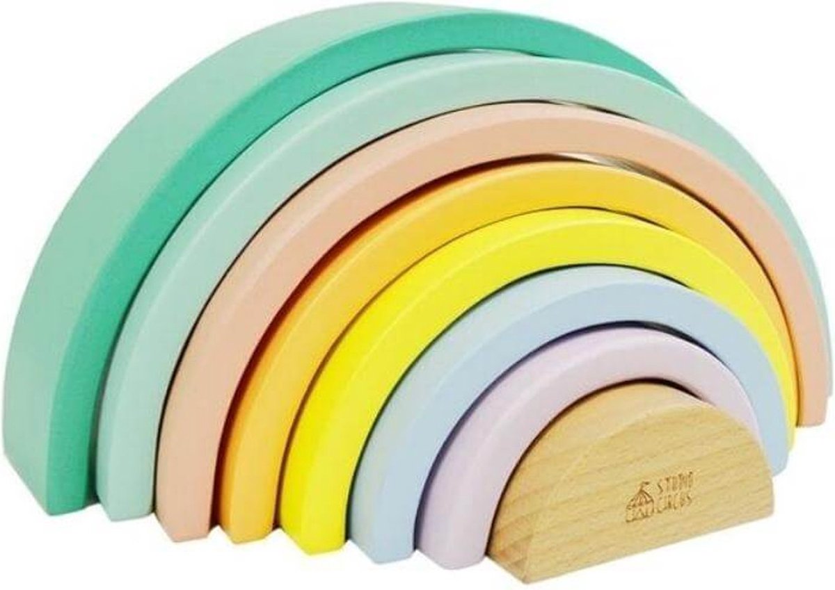 Houten Regenboog Stapelaar - 8 onderdelen stapel blokken Studio Circus Stacking Rainbow 12+ Maanden