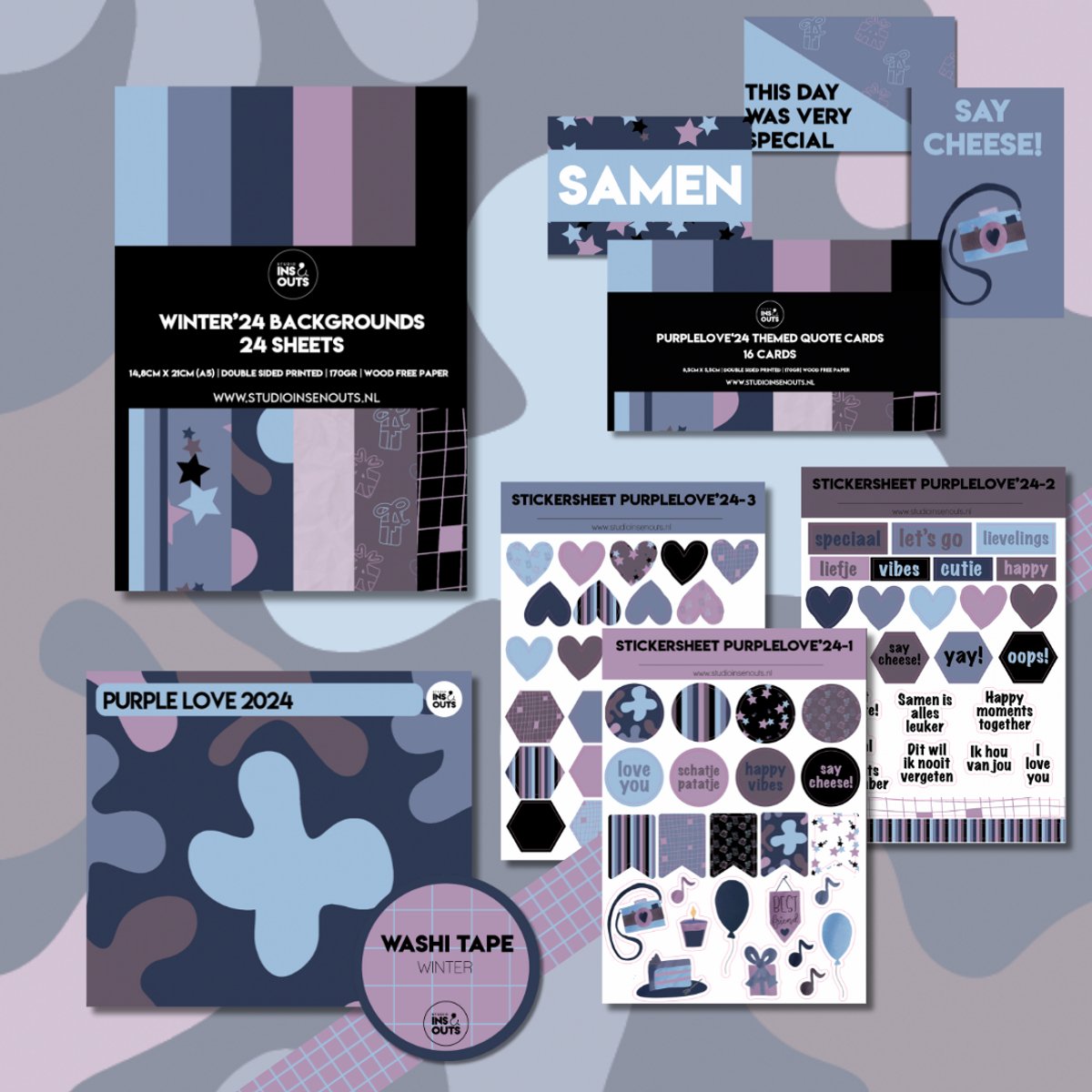 Studio Ins & Outs - Purple Love - Scrapbook Pakket - Creatieve Set - Paperpad, Stickers, Washi Tape & Quote Kaartjes