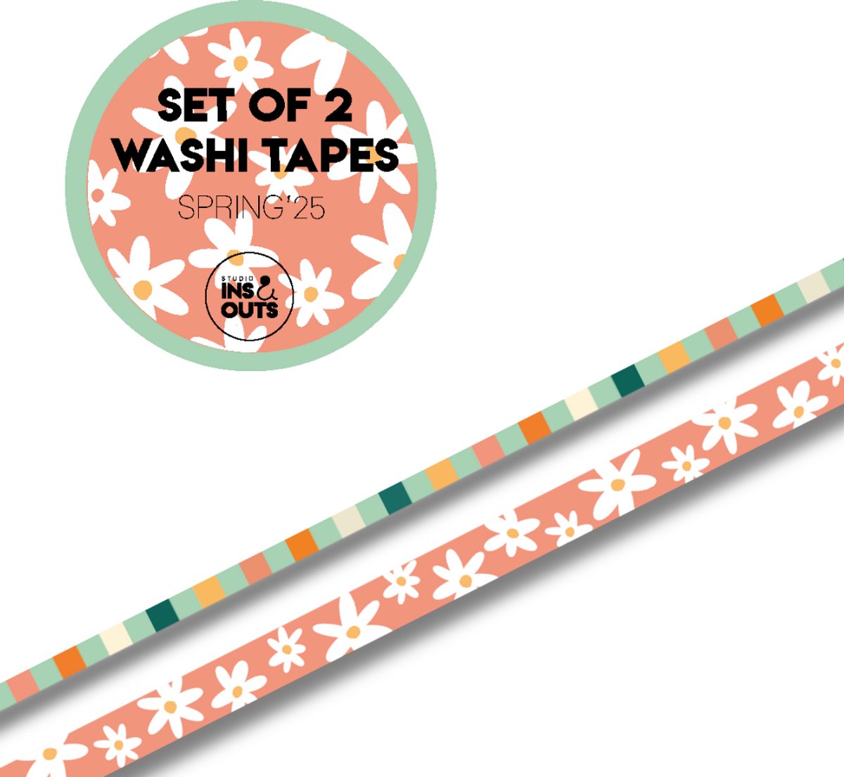   - Set Van 2 Washi Tapes - Lente 25 - Masking Tape met Madeliefjes en Blokjespatroon - 0,5 cm & 1 cm - Voorjaar in Perzik, Groen en Wit
