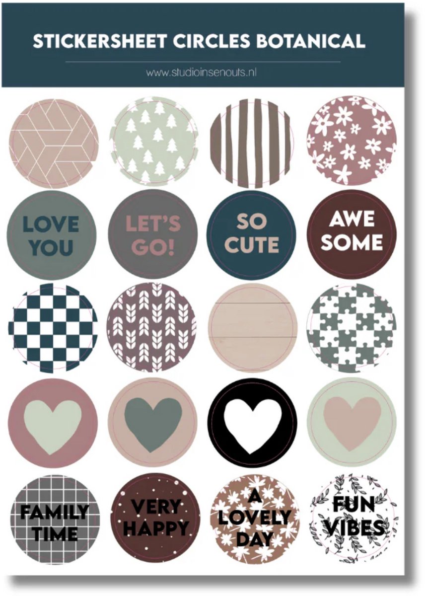 Studio Ins & Outs - Stickervel Cirkels Botanical 2.0 - Botanische Stickers - Tekst & Hartjes & Patronen - Aardetinten - 20 Stickers