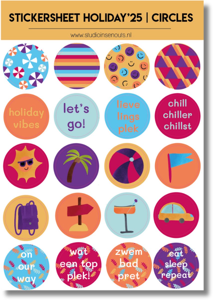 Studio Ins & Outs - Stickervel Cirkels Holiday’25 - Ronde Vakantiestickers - Cirkelstickers - 20 Zomerse Illustraties