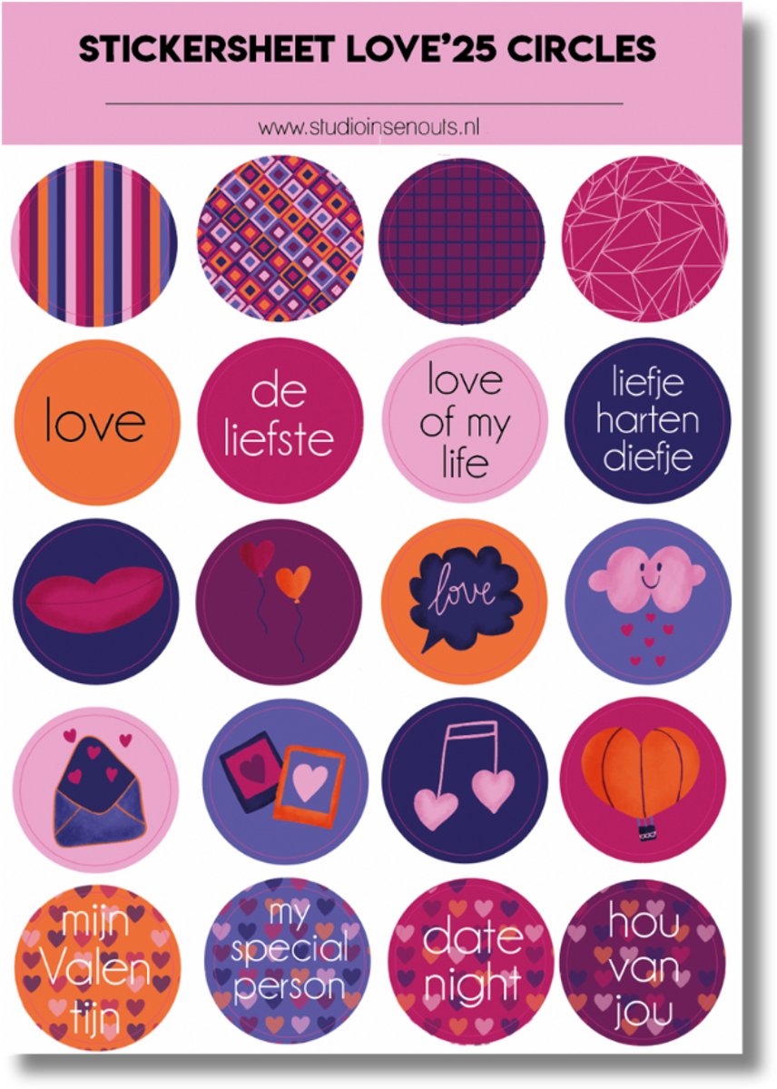 Studio Ins & Outs - Stickervel Cirkels Love 2025 - Ronde Valentijnstickers - Cirkelstickers - 20 Liefde Illustraties