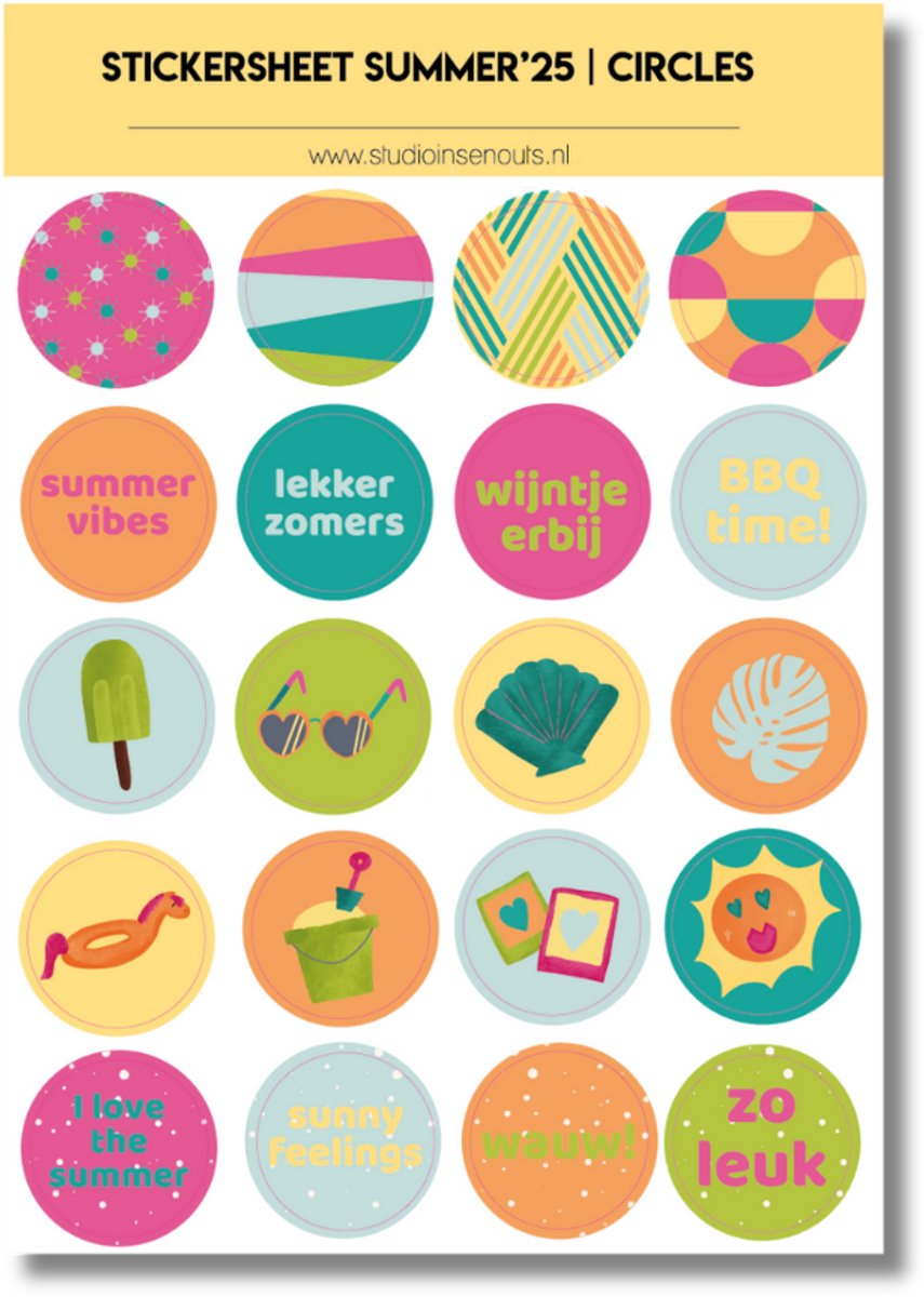 Studio Ins & Outs - Stickervel Cirkels Summer’25 - Ronde Zomerstickers - Cirkelstickers - 20 Zomer Illustraties