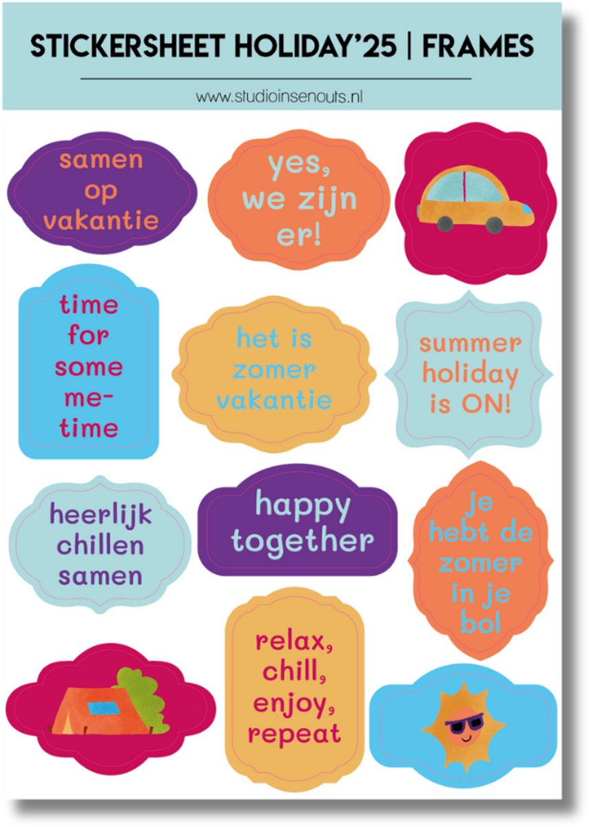 Studio Ins & Outs - Stickervel Frames Holiday25 - Stickers Met Frames En Banners - Vakanties Tekst Stickers - 12 Vakantie Stickers En Plaatjes