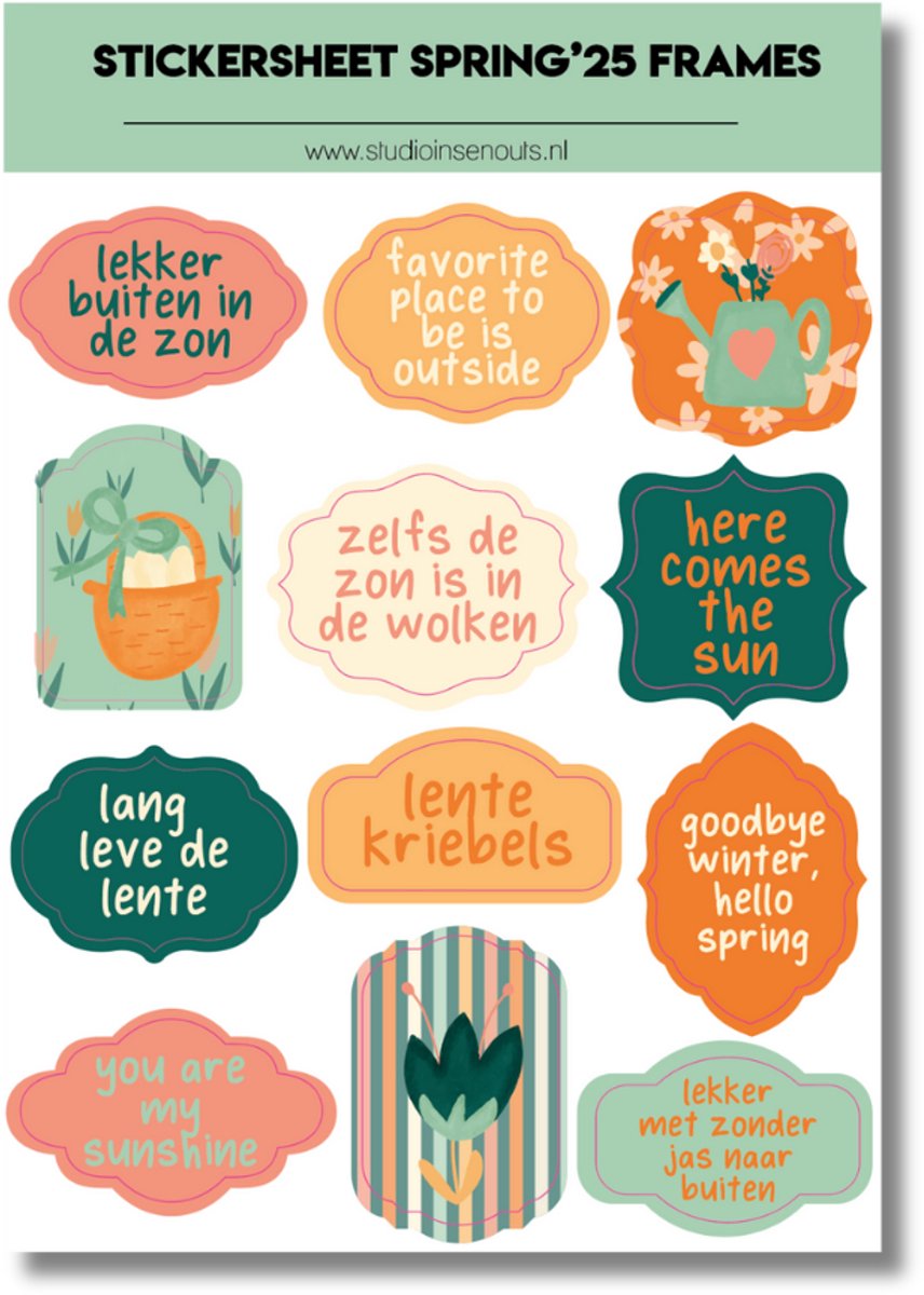 Studio Ins & Outs - Stickervel Frames Lente 2025 - Stickers Met Frames En Banners - Lente Tekst Stickers - 12 Lente Stickers En Plaatjes