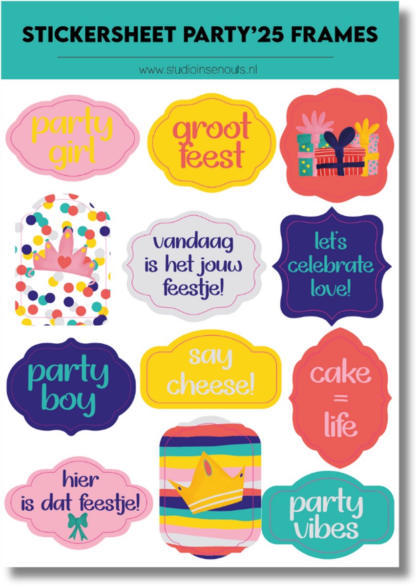 Studio Ins & Outs - Stickervel Frames Party 2025 - Stickers Met Frames En Banners - Feest Tekst Stickers - 12 Party Stickers En Plaatjes