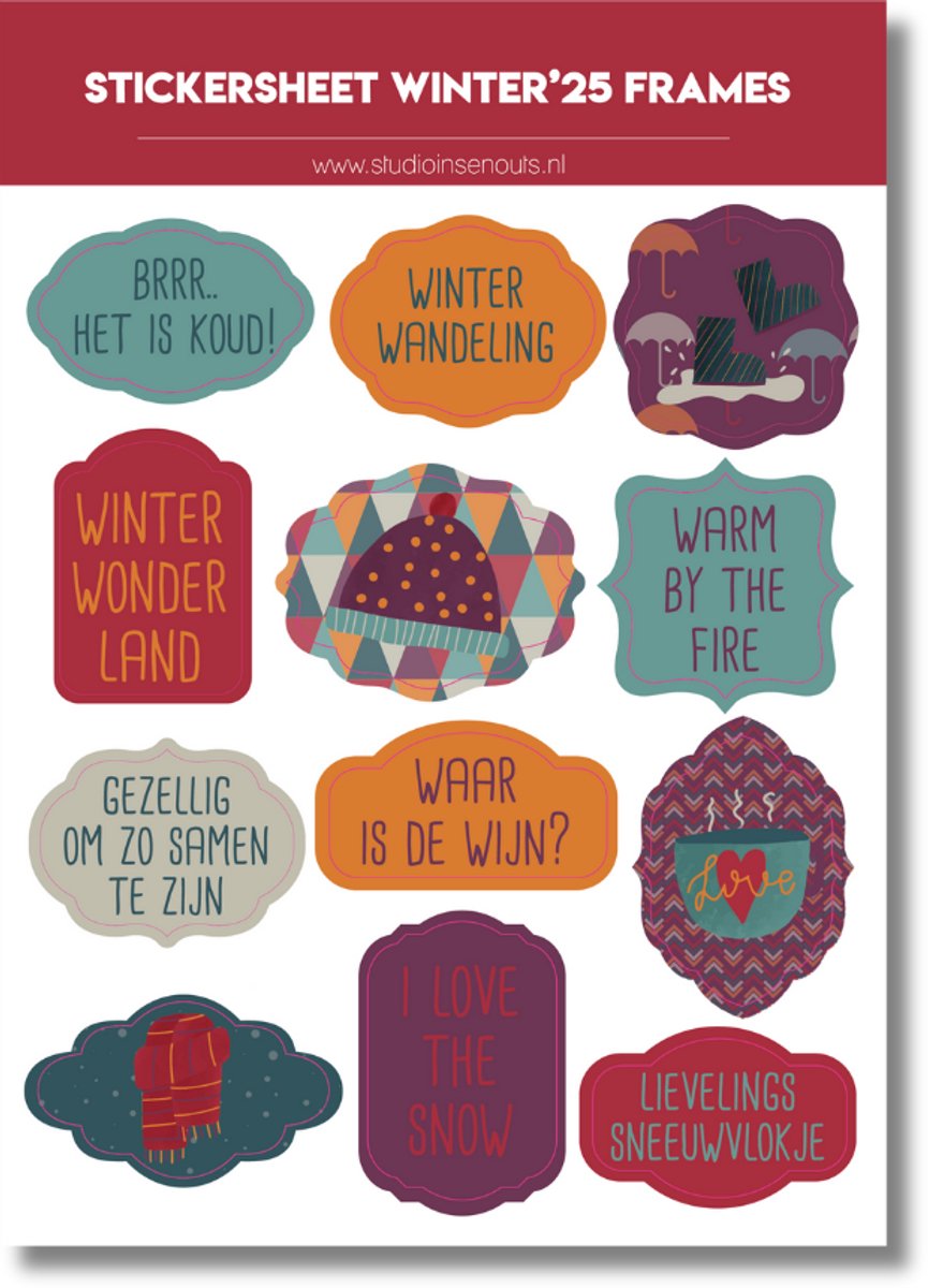 Studio Ins & Outs - Stickervel Frames Winter 2025 - Stickers Met Frames En Banners - Winter Tekst Stickers - 12 Winter Stickers En Plaatjes