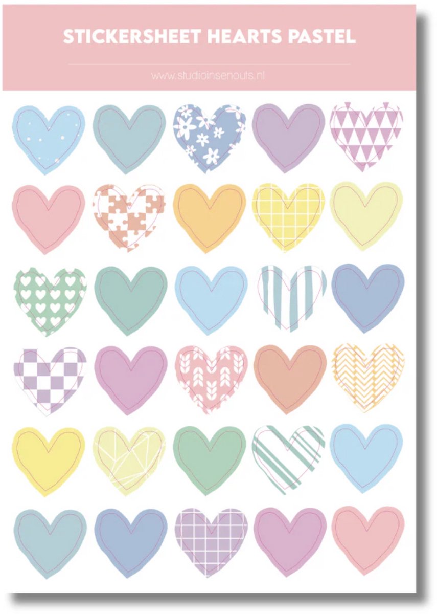 Studio Ins & Outs - Stickervel Hartjes Pastel 2.0 - Hartjes Stickers - Pastelkleuren & Patronen - 30 Stickers In Hartjes Vorm