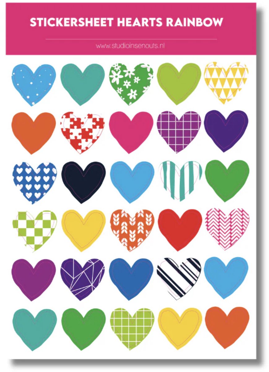 Studio Ins & Outs - Stickervel Hartjes Rainbow 2.0 - Hartjes Stickers - Regenboogkleuren & Patronen - 30 Stickers In Hartjes Vorm