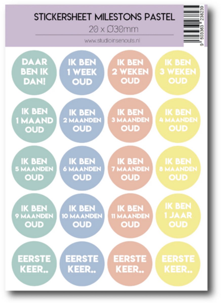 Studio Ins & Outs - Stickervel Milestones Pastel - Baby Mijlpaalstickers Leeftijden - Pastelkleuren - 20 Stickers