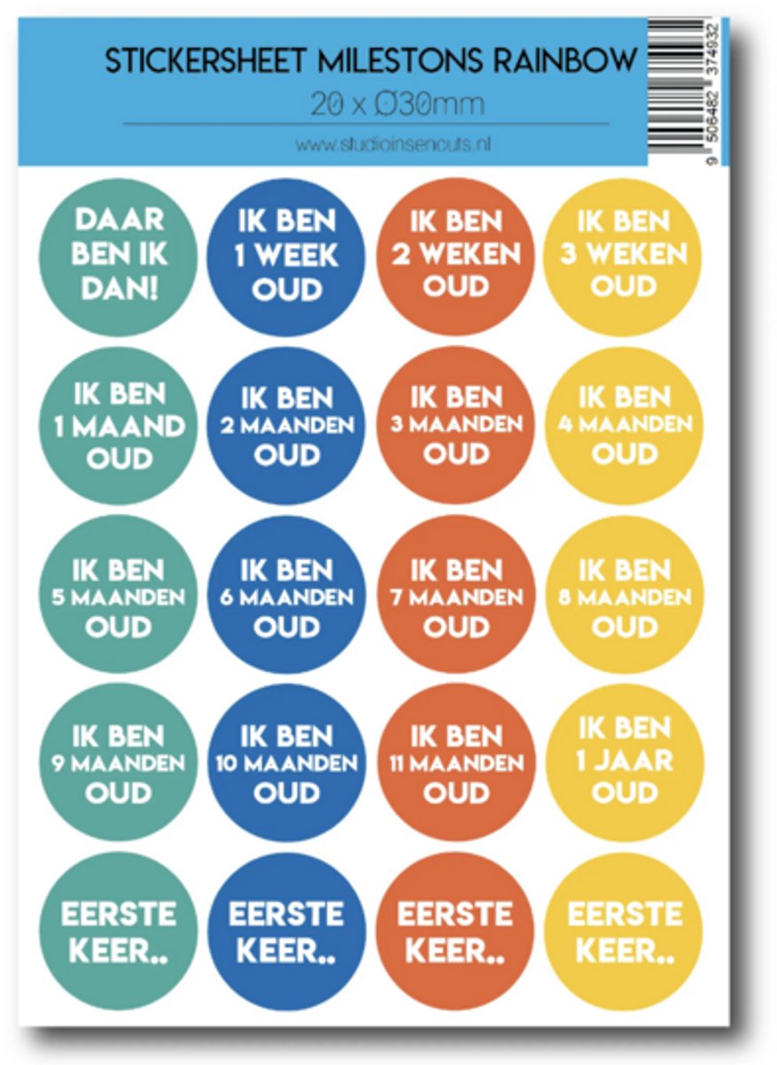 Studio Ins & Outs - Stickervel Milestones Rainbow - Baby Mijlpaalstickers Leeftijden - Regenboogkleuren - 20 Stickers