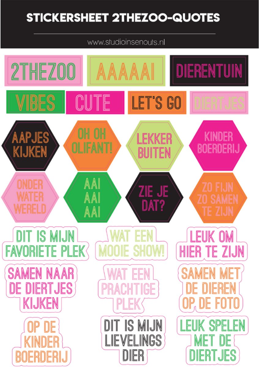 Studio Ins & Outs - Stickervel Quotes 2thezoo25 - Tekststickers - Stickers Met Quotes, Dieren & Uitjes - Neon Kleuren - 27 Stickers