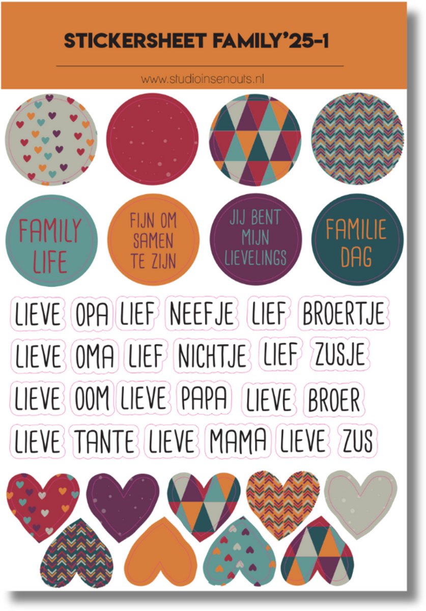 Studio Ins & Outs - Stickervel Quotes Family-1 2025 - Tekststickers - Stickers Met Quotes, Familie & Hartjes - Warme Kleuren - 27 Stickers