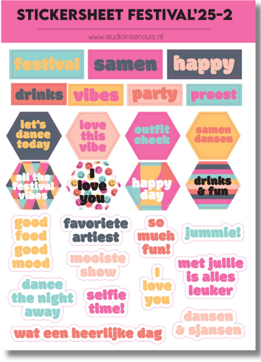 Studio Ins & Outs - Stickervel Quotes Festival Vibes 2025 - Tekststickers - Stickers Met Quotes, Festival & Vrolijke Teksten - Zomerse Kleuren - 27 Stickers